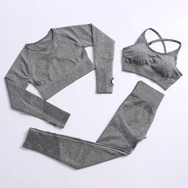 Set Gym Kläder Träningsoverall Byxor med hög midja Sport BH:ar för kvinnor 3Pcs Set-Gray XL