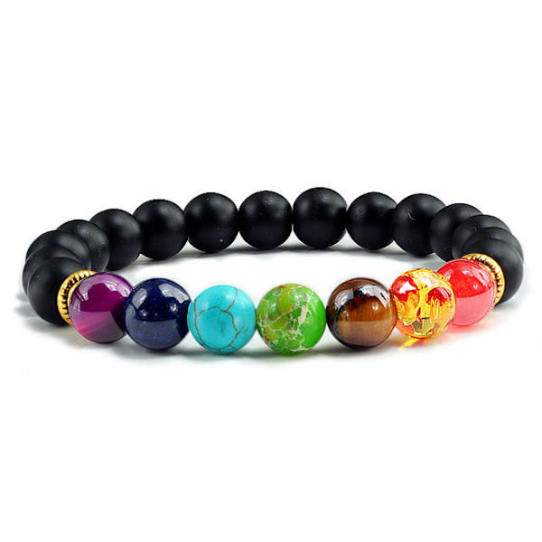 7 Chakra Armband Herr Svart Lava Tigeröga Stenar Helande Balans Pärlor Reiki Buddha Bön Naturlig Sten Yoga Armband Armringar Bright BLK Elastic