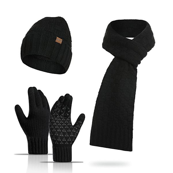 Ullskjerf Fortykket High-End Vinter Termisk Rutete Lue Skjerf Hansker Tredelt Sett Black