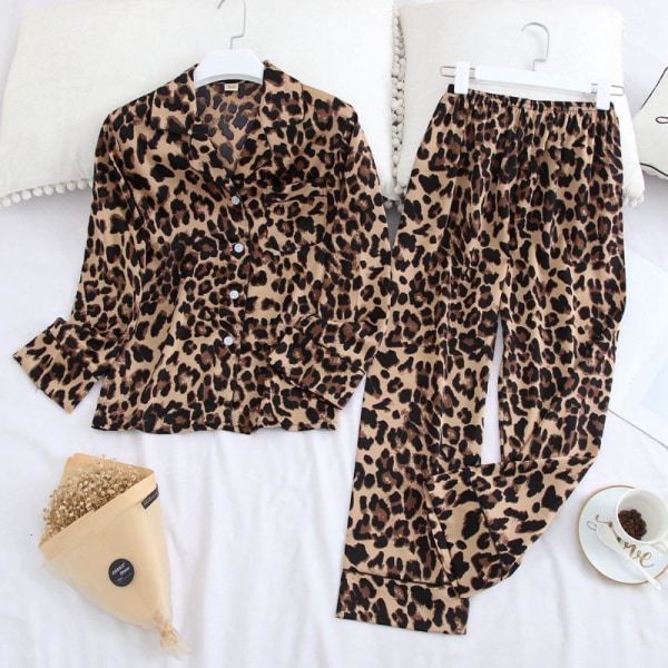 Långärmad pyjamas Höst Is-silke Långärmad byxdress Tryck Mode Pyjamas Set Black L