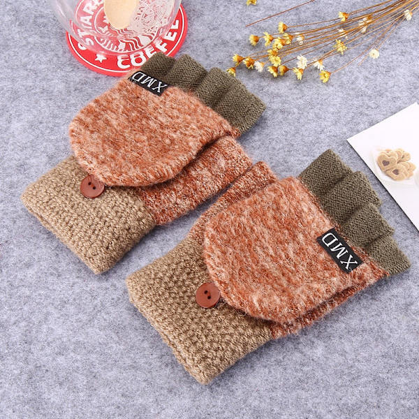 2020 Vinter Varma Tjocka Ullhandskar Stickade Flip Fingerlösa Exponerade Finger Tjocka Handskar Utan Fingrar Vantar Dam Brown One size