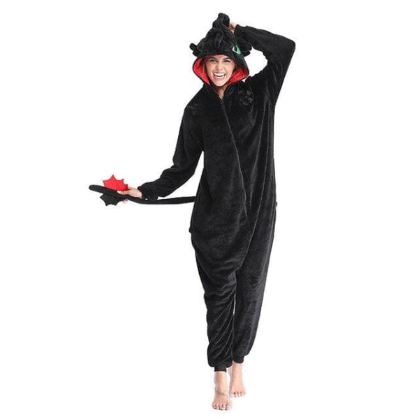 Ankomst Kigurumi Drage Onesies Dyr Vinter Flanell Pyjamas Voksen Halloween Kostyme Jumpsuit Black M