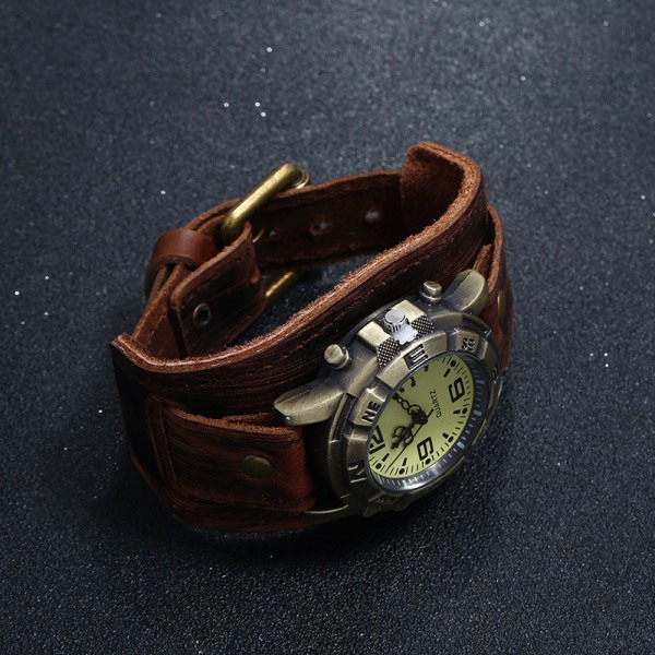 Punk Retro Lær Klokkearmbånd Allsidig Mote Menn og Kvinner Punk Hip Hop Kuskinn Armbånd Brown