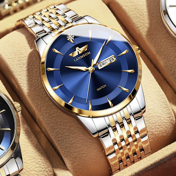 One Piece Dropshipping Klocka Automatisk Icke-Mekanisk Klocka Diamant Vattentät Dubbel Herr SG868 men's blue bottom golden edge
