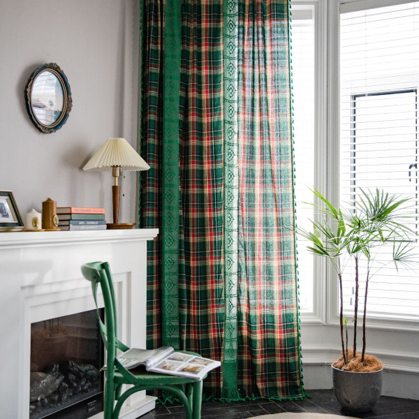 Rutigt Sydd Gardin Julröd Amerikansk Gardin Green-wear Rod 150*220