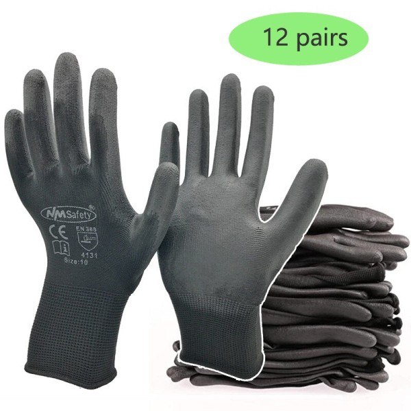 24 kpl / 12 paria neulottuja turvallisia työkäsineitä rakennustyömaille, puutarhaan, teollisuuteen, kumipinnoitteella PU1350- GR XL
