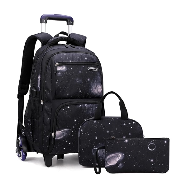 Med Lunchlåda Skolväskor Rullande ryggsäck för pojkar Rullväska Bärväska Barnbagage Primary Junior High School Bag 6 wheels  black