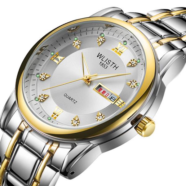 Herreur Vandtæt Herreur Stålur Dobbelt Kalender Quartz Ur Modeur Simple gold white surface 1#