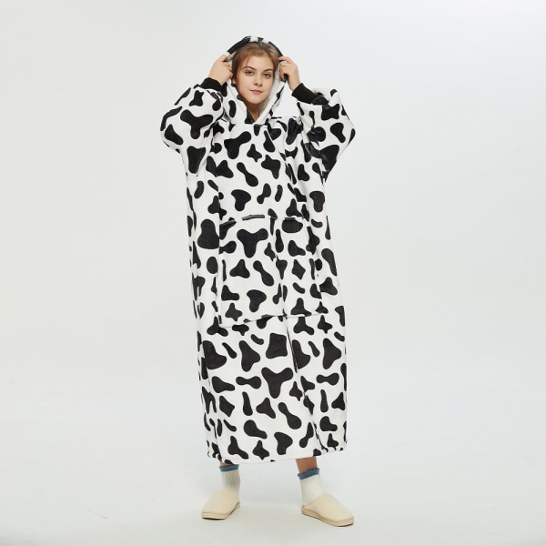 Hooded Lazy Blanket Pullover Dubbellagers filttröja för kvinnor Kylskydd på hösten och vintern Thermal pyjamas Pink polka dot-Long