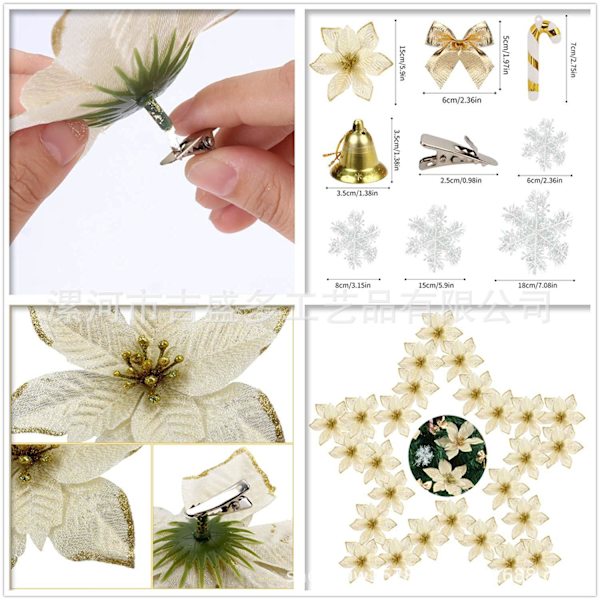 120 stk. Juleblomstsett Juletrepynt Anheng Plastblomster Kunstige Blomster Golden Set