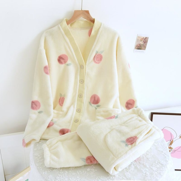 Flanell Pyjamas Vinter Tjock och Sammet Dam Persika Koreansk Version Set Kofta Höst och Vinter Coral Fleece Loungewear Short M