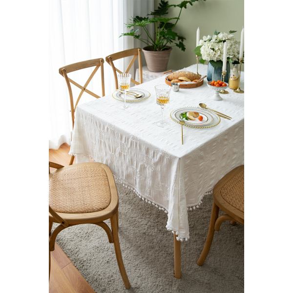 Bordduk Fransk Romantisk Bomull Lin Klippet Hvit Pelsball Rektangulær Bordduk Yellow cut flower white ball 140X220CM