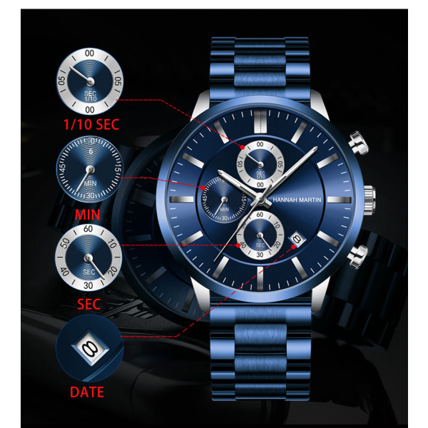 Multifunksjonell Kalender Vanntett Klokke Mote Blå Business Casual Fin Stålklokke 1202FH rose gold nail black chain