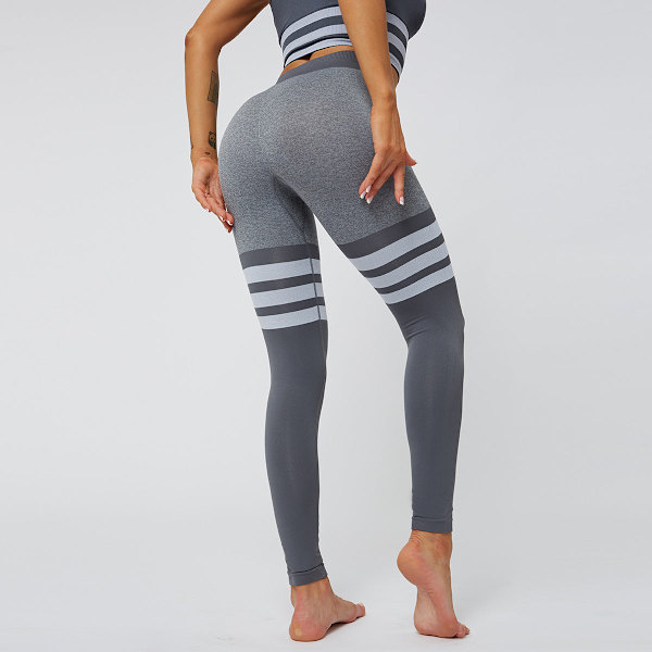 Eurooppalaiset ja amerikkalaiset seksikkäät persikkaiset lantiot korkeavyötäröiset joogahousut naisten neulotut saumattomat ja hengittävät raidalliset jooga- ja fitnessleggingsit 6088 pants-Gray L