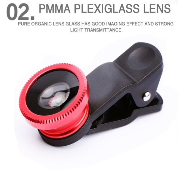 3-i-1 Fisheye Vidvinkel Mikro Kameralinse for iPhone Xiaomi Redmi 3-i-1 Zoom Fisheye-linse på Smarttelefonlinser med Telefonklips Silver