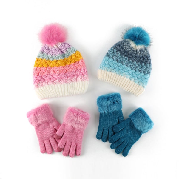 Stickad ullbollsmössa och handskar Tvådelad kostym Färggradient plus Sammet Varm mössa Tvådelad kostym Rainbow [hat gloves two-piece set]]