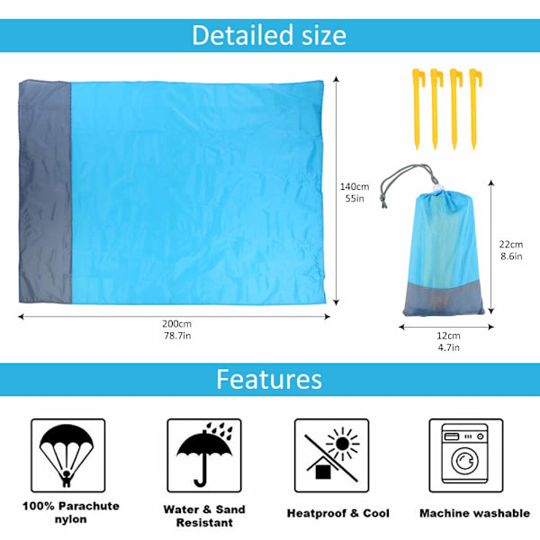 Strandtæppe Sandtæt Strandmåtte Strandlagen Vandtæt Sandmåtte med Pløkker Letvægtsmåtte til Picnic Camping DP SET 140X200cm