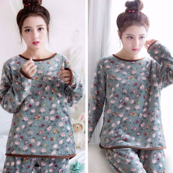 Tjocka Flanellpyjamas för Dam med Tecknat Mönster, Sovkläder Vinter Varm Långärmad Coral Fleece Loungewear Blue L