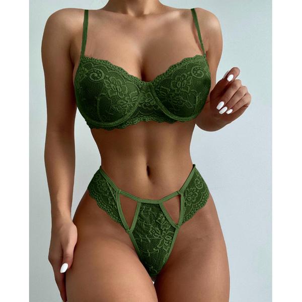 Blomstret blonde lingerisæt til kvinder, sexet blonde bh og trusse undertøjssæt Green XL
