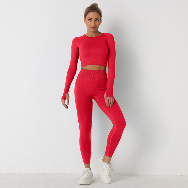 Eurooppalainen ja amerikkalainen neulottu yksivärinen saumaton pitkähihainen housupuku joogaan, urheiluun ja kuntoiluun, kaksiosainen setti 6095 long sleeve trousers suit-Black S