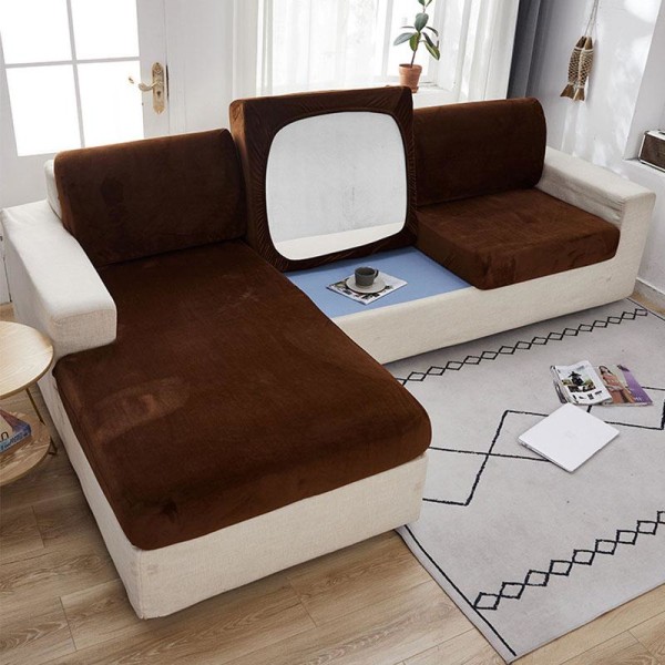 1/2/3-sits Enfärgad Tjock Sammet Stretch Soffskydd Sofföverdrag Sittdyna Light gray 3 Seater
