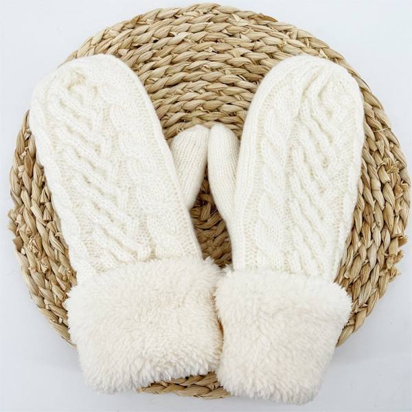 Naisten neulotut palmikkokukkakuvioiset lapaset talveen, naisten villa- ja kashmirsekoitteiset paksut ja lämpimät kokosormihanskat N507-White One Size
