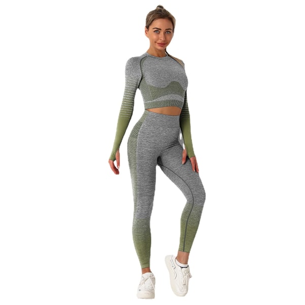 Europæisk og amerikansk sømløs yogadragt til kvinder, strikket hofteløftende høj elasticitet træningsbukser, trænings yogatøj 6092 long-sleeve suit-Army Green L