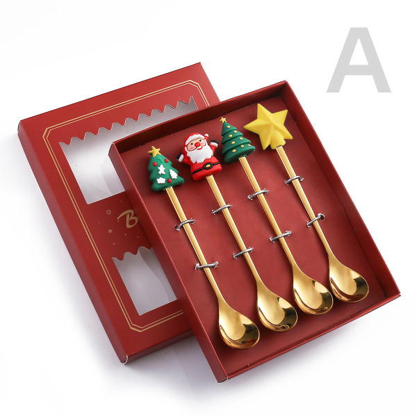 Julsked Bestick Present Söt Hänge Sked Gaffel Rostfritt Stål Julgran Hemfest Bordsartiklar Gold Doll spoon four pack A- green box