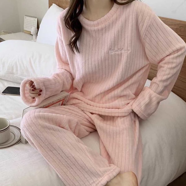 Höst Vinter Dam Koreansk Mode Temperament Korall Fleece Varma Pyjamas Set Tjock Plus Sammet Söt Bekväm Andningsbar Casual Hemmakläder Blue One Size