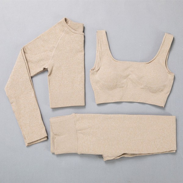 Yoga Set Träningskläder Yoga Leggings och BH för Kvinnor 3 pcs sets khaki M