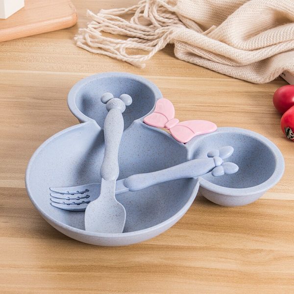 3 Delar/Set Baby Tecknad Servis Vete Skål Anti-het Småbarn Barn Middag Matning Mat Tallrik Barn Träningsskål Sked Gaffel Blue Set