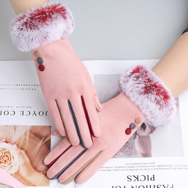 Fashionable dame vinter varme ruskind læder touch screen handske kvinde imiteret kaninpels broderi plus fløjl tykke kørehandsker H92 I67 Pink One Size