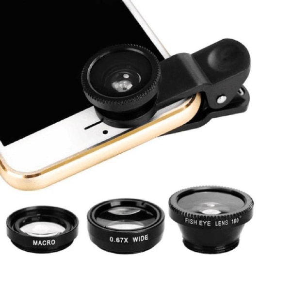3-i-1 Vidvinkel Makro Fisheye Lins Kamera Kit Mobiltelefon Fiskeögonlinser med Klämma 0.67x för iPhone Samsung Alla Mobiltelefoner Overseas Red