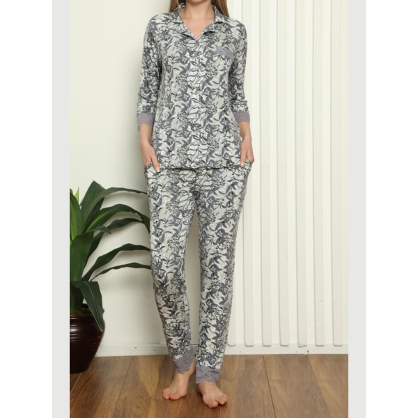 Brun Dam Pyjamas Set med Fickor Knäppta Lycra Spets Brown S