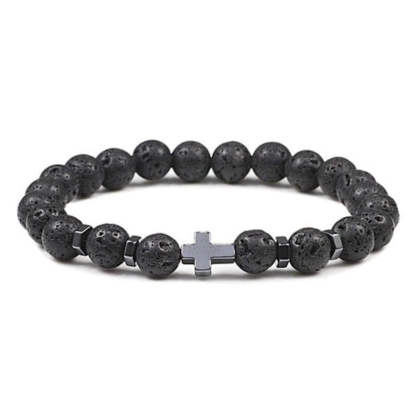 Rukous Miehet Luonnonkivi Puuhelmet Ruusukko Hematiitti Risti Rannekorut Onyx Meditaatio Rannekoru Naiset Jooga Korut Homme Pulsera Volcanic lava 19cm