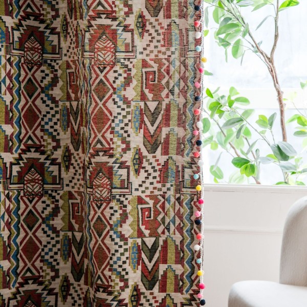 Boho Geometrinen Boheemi Verho Makuuhuoneeseen Olohuoneeseen Puuvilla Pellava Painetut Koristeverhot Tupsulla Kodin Sisustus E0002 W150XH180
