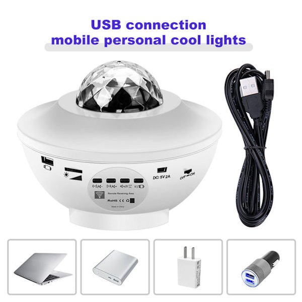 LED Projektor Ocean Wave Natlampe Rumindretning Roterende Stjernehimmel Projektorer Dekoration Soveværelseslampe White
