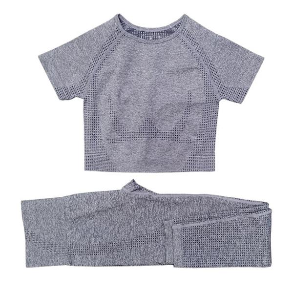 Yoga Sett Treningsskjorter Sportsbukser BH Gym Klær Kort For Kvinner 2pcsShortSleeveGray M