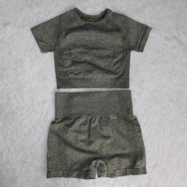 Yoga Sæt Fitness Sportsdragter Træningsdragt Top Højtaljede Leggings Til Kvinder drak gray shorts set M