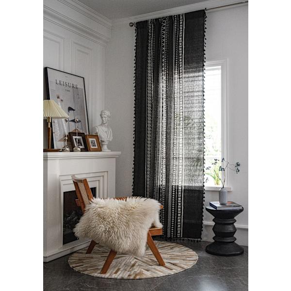 Gardin i bomull och linne för vardagsrum och sovrum, dekorativ stil, svartvitt tryck, burspråksgardin Hooks 150*220