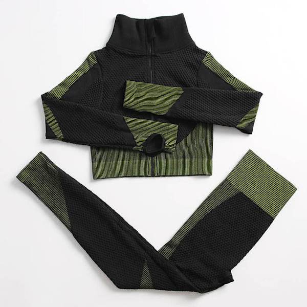 Yoga Set Träningskläder gym fitness för damer träningsdräkt black green1 XL