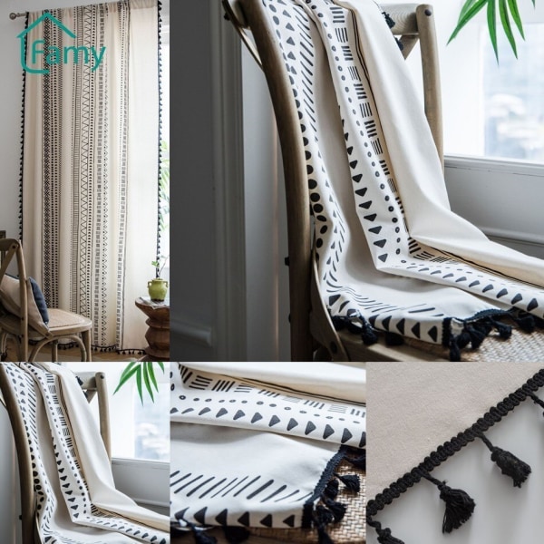Boho Gardiner Geometrisk Stribede Gardiner Soveværelse Stue Panel med Kvaster Linned Gardiner Færdig Drapering Boligindretning A W150xL200cm