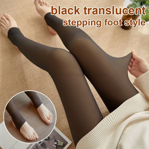 Vuoratut sukkahousut, ihonväriefekti, naisten talvi, läpikuultavat sukat, lämpöfleece-trikoot, naisten pehmosuklahousut, lämpimät leggingsit pure black with feet 85g Thin (Spring)