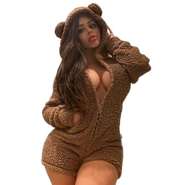Vinter Teddy Öra Söt Sovkläder Onesies Kvinnor Sexiga Damer Plysch Förtjockad Kawaii Hooded Pyjamas Hemmakläder Varm Jumpsuit Nattlinne Camel M