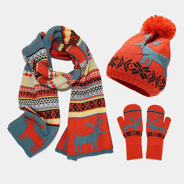 Jacquard Ull Lue Skjerf Hansker Sett Høst og Vinter Dame Termisk Tredelt Dress Orange Red