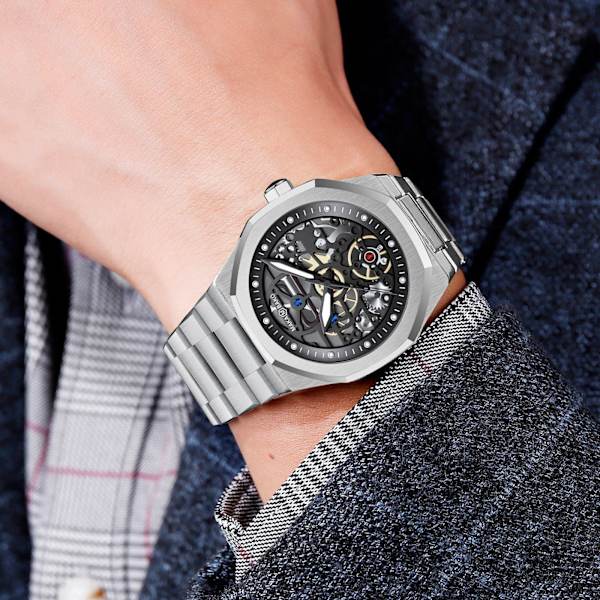 Armbåndsur Urverk Rustfritt Stål med Svart Kriger Kalender Vanntett Herreklokke 5016G-Y silver steel chain