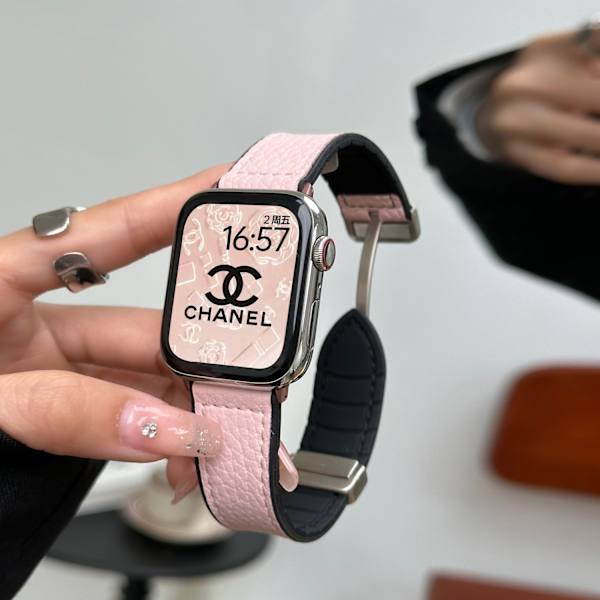 Klockarmband för Apple Watch iWatch för 38/40/41mm läder litchimönster TPE silver magnetiskt spänne bred version - tjejrosa