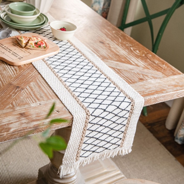 Bordslöpare i bomull och linne med sömmar, tvåfärgad vävd tofs, naturmaterial, amerikansk lantlig semesterduk Three hemp string 30*220 (including tassels)