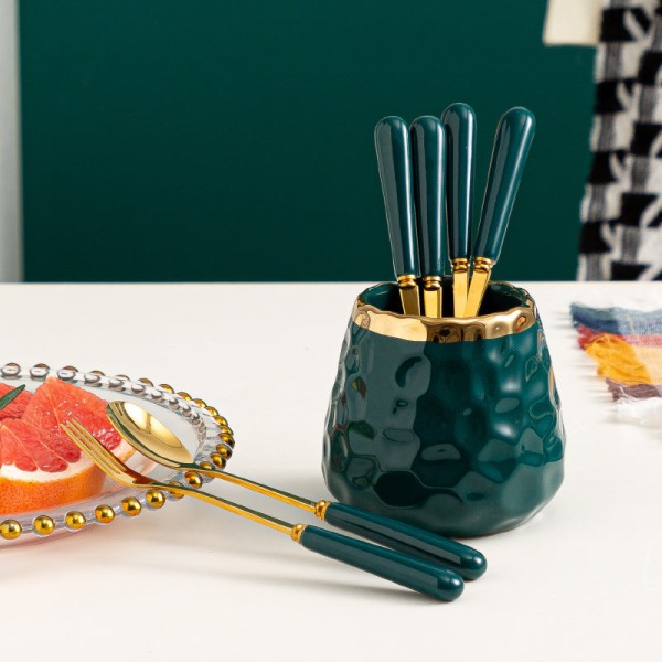 Husholdnings Rustfrit Stål High-End Overkommelig Luksus Frugt Gaffel Ske Sæt Kagegaffel Dessertgaffel Opbevaringstank Bordbestik Gaffel Ske Dark green 3 forks 3 Spoons