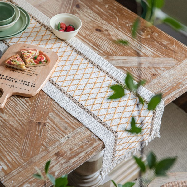 Bordslöpare randiga sömmar i bomull och linne Tvåfärgad vävd tofs Naturmaterial Amerikansk duk Rice table runner 30*400 (including tassels)